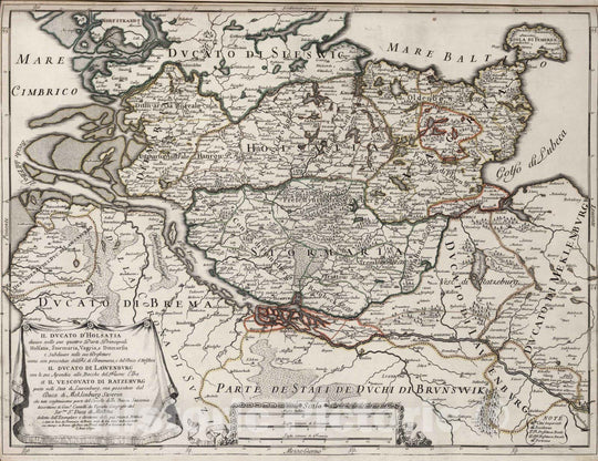 Historic Map : Germany, , Europe 1692 Il ducato d'Holsatia, Il Ducato di Lawenburg, et Il Vescovato di Rsatzaburg , Vintage Wall Art