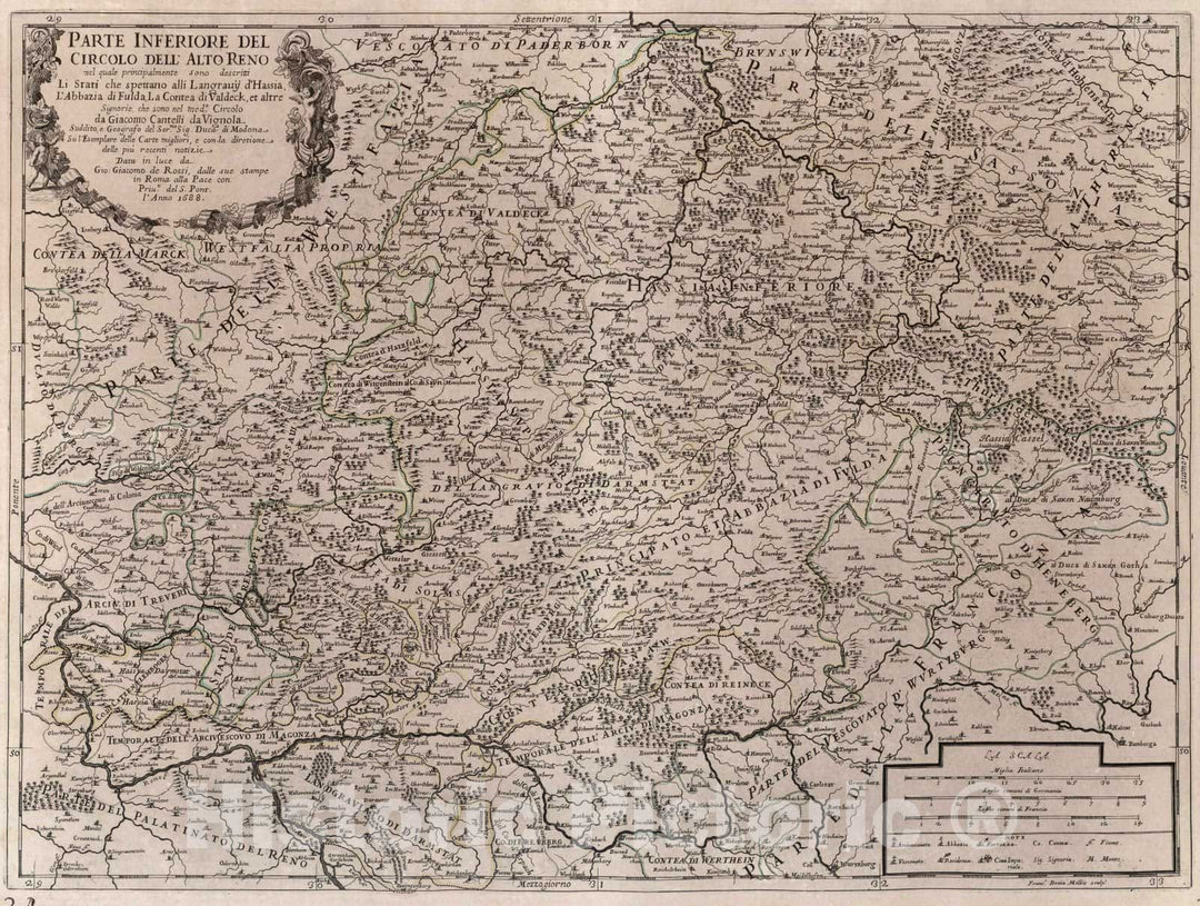 Historic Map : Germany, Rhine River Valley, Europe 1688 Parte inferiore del circolo dell'Alto Reno , Vintage Wall Art