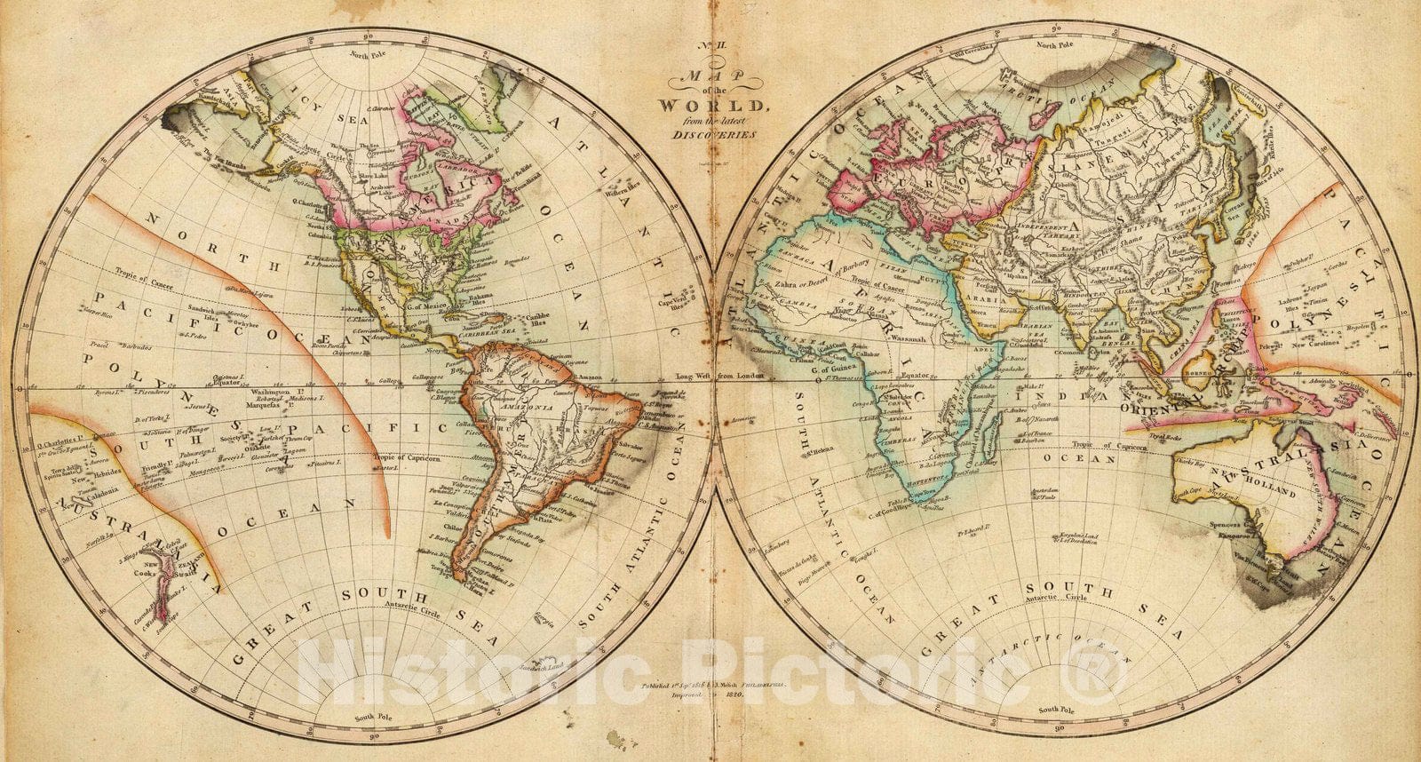 Historic Map : School Atlas - 1820 Map of the World. - Vintage Wall Art