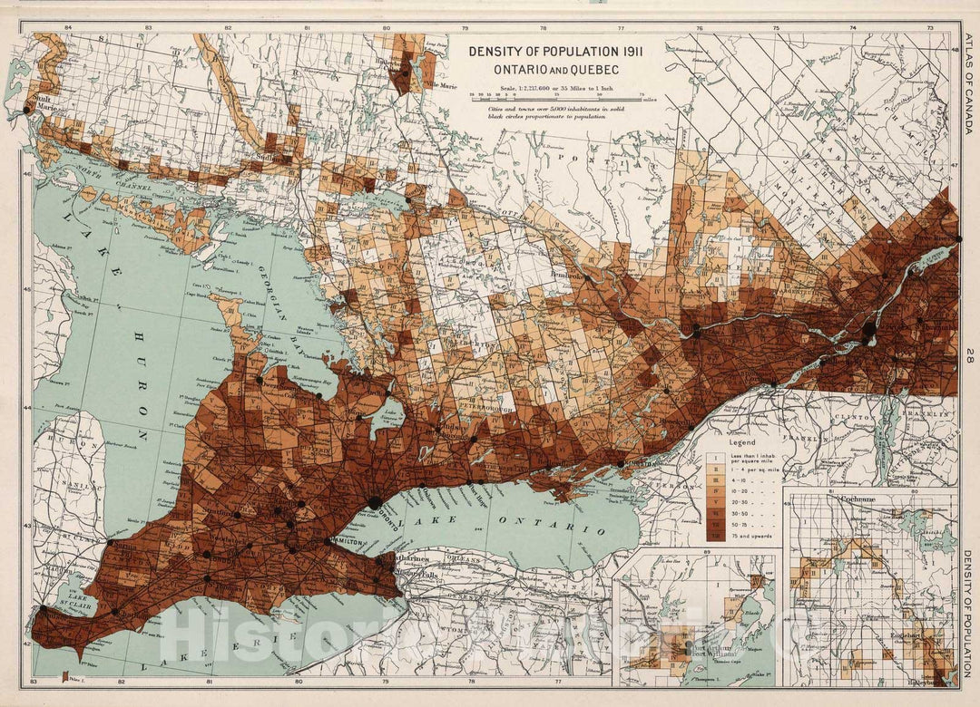 Historic Map : National Atlas - 1915 Density of population 1911: Ontario and Quebec - Vintage Wall Art