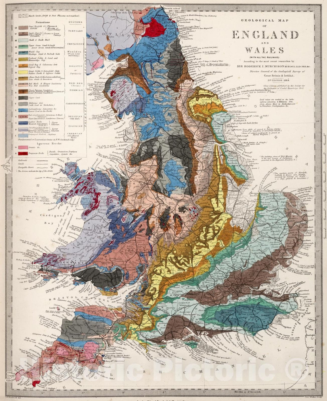 Historic Map : 1865 Geological Map of England and Wales. - Vintage Wall Art