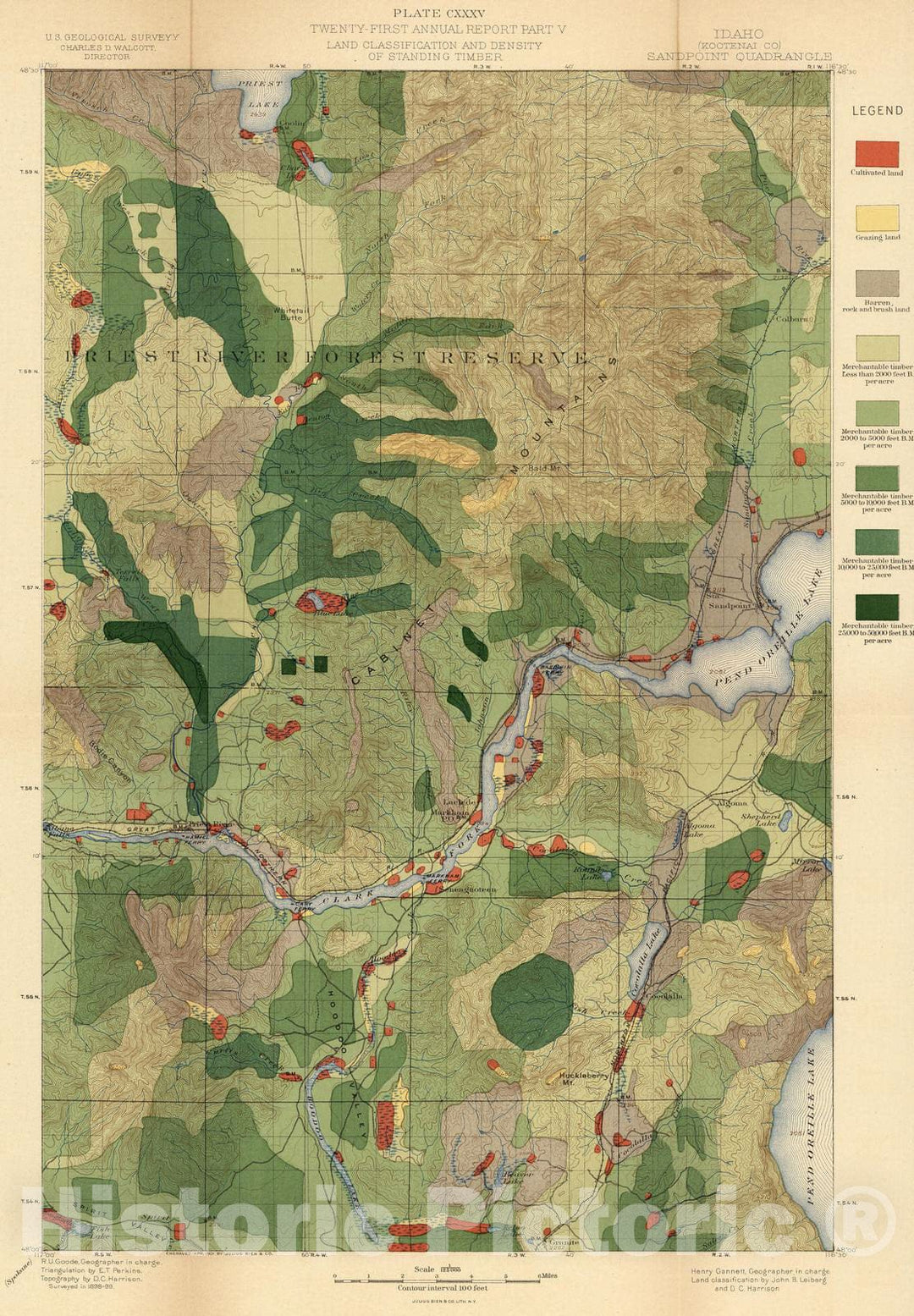 Historic Map : Geologic Atlas - 1900 Plate CXXXV. Sandpoint Quadrangle, (Kootenai Co) Idaho, Land Classification and Density of Standing Timber. - Vintage Wall Art