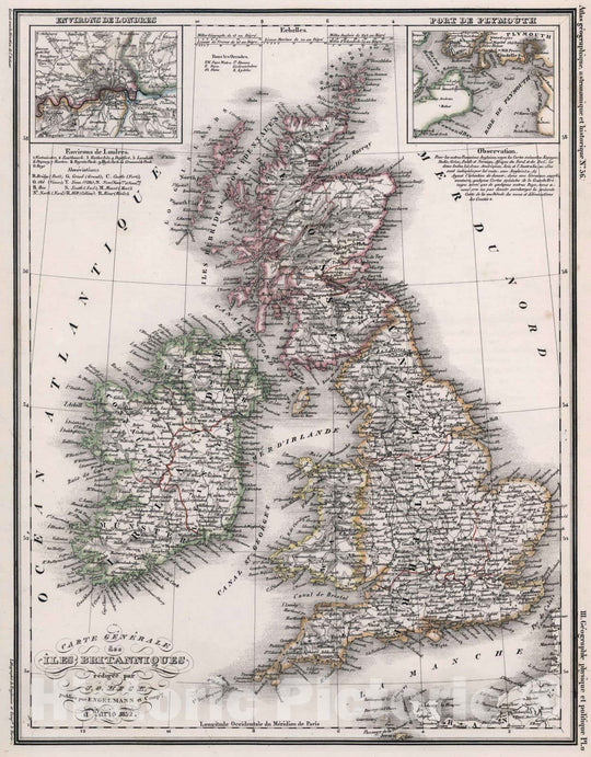 Historic Map : England, British Isles 1834 36. Carte Generale des Iles Britanniques. , Vintage Wall Art