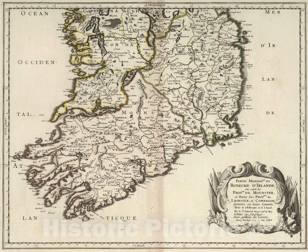 Historic Map : 1690 Southern Part of the Kingdom of Ireland. - Vintage Wall Art