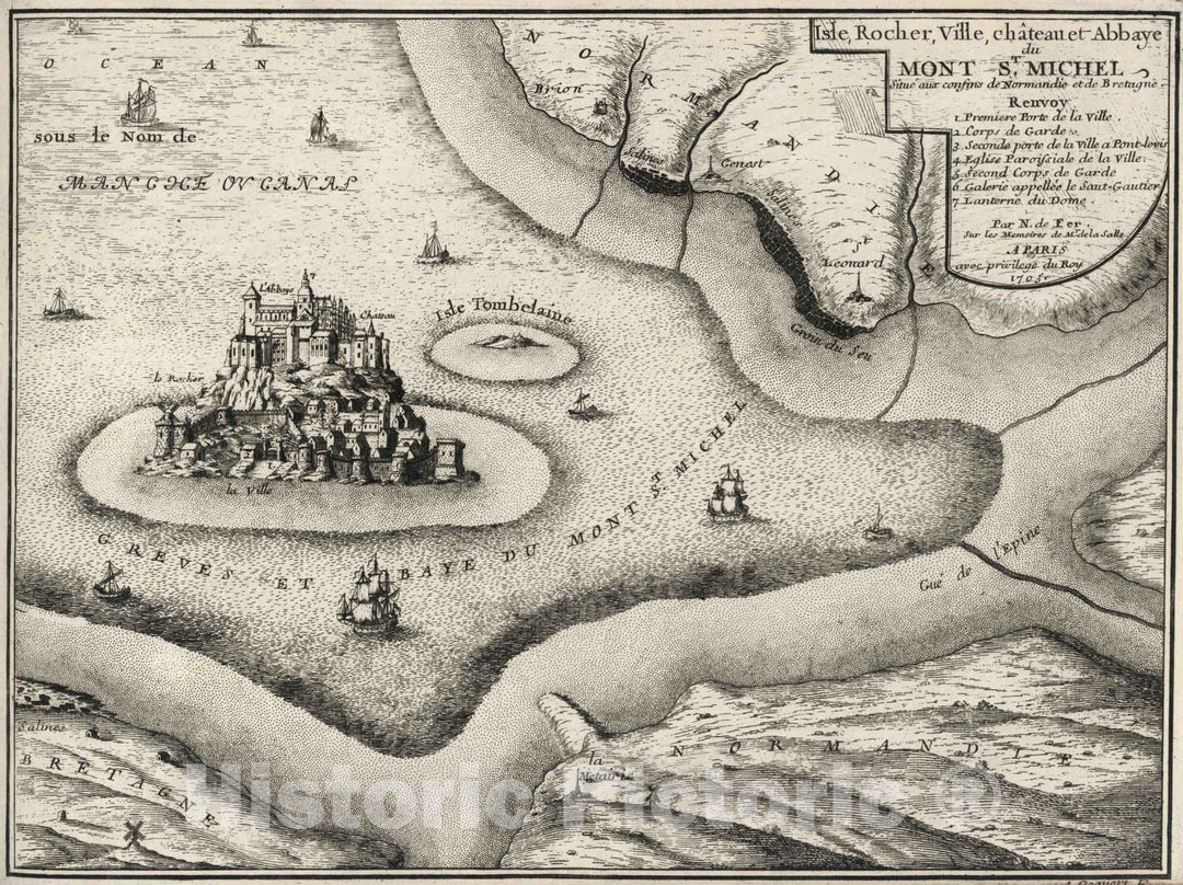 Historic Map : 1705 Isle, Rocher, Ville, chateau et Abbaye de Mont St. Michel, France. - Vintage Wall Art