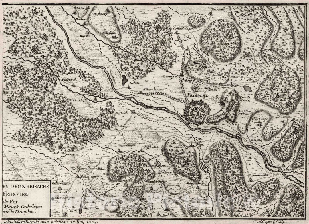 Historic Map : 1705 Les Environs des Deux Brisachs Fribourg (eastern sheet), France and Germany. - Vintage Wall Art