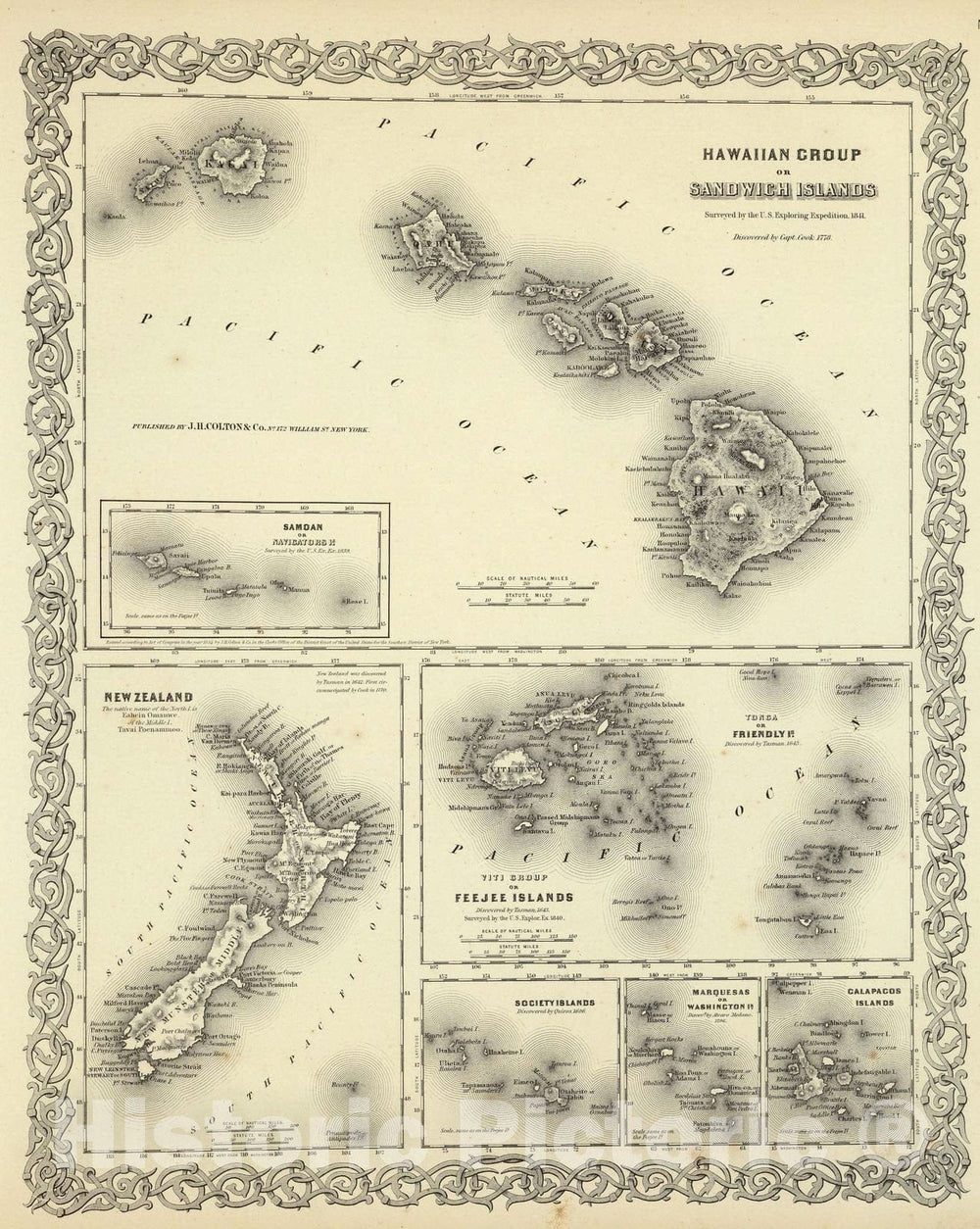 Historic Map - 1856 Hawaiian Group Or Sandwich Islands New Zealand Galapagos Islands, Atlas - Vintage Wall Art