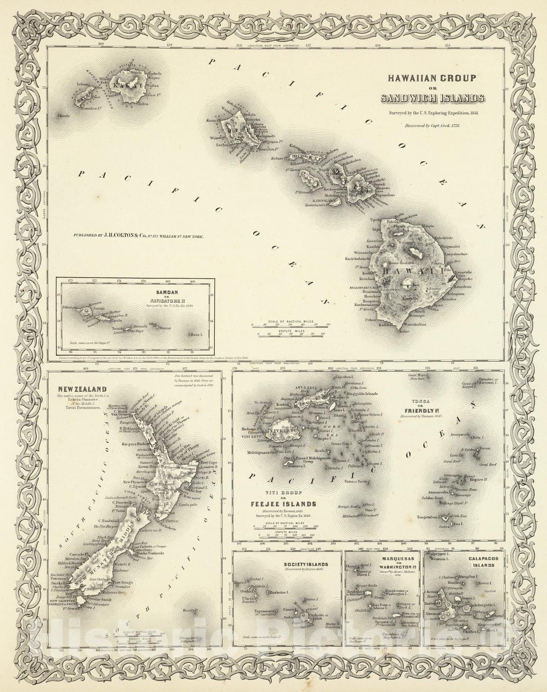 Historic Map - 1856 Hawaiian Group Or Sandwich Islands New Zealand Galapagos Islands, Atlas - Vintage Wall Art