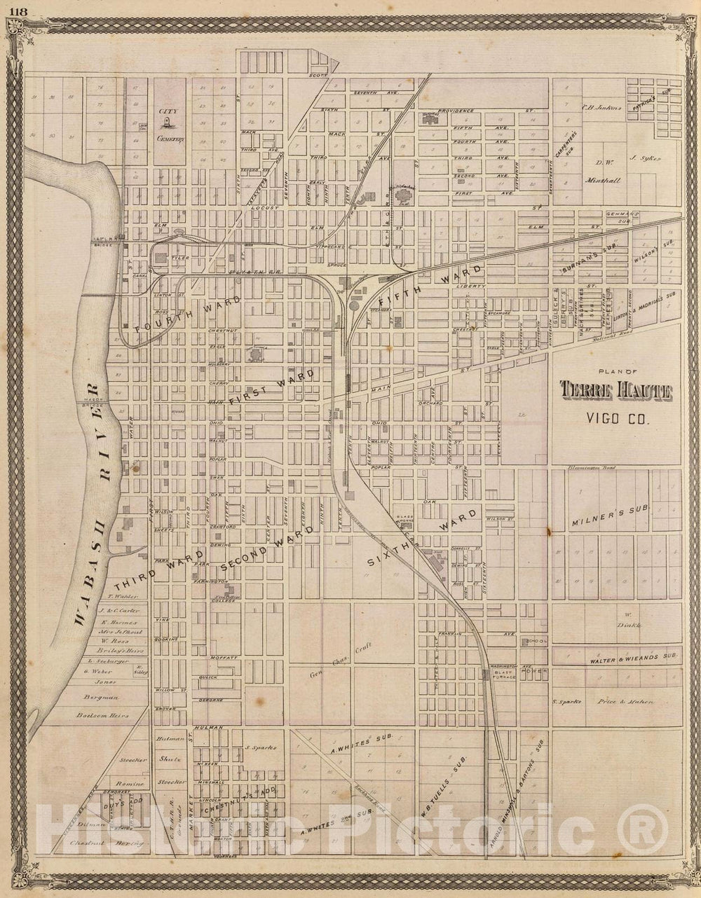 Historic Map : Terre Haute (Ind.), Indiana, 1876 Plan of Terre Haute, Vigo Co. , Vintage Wall Art