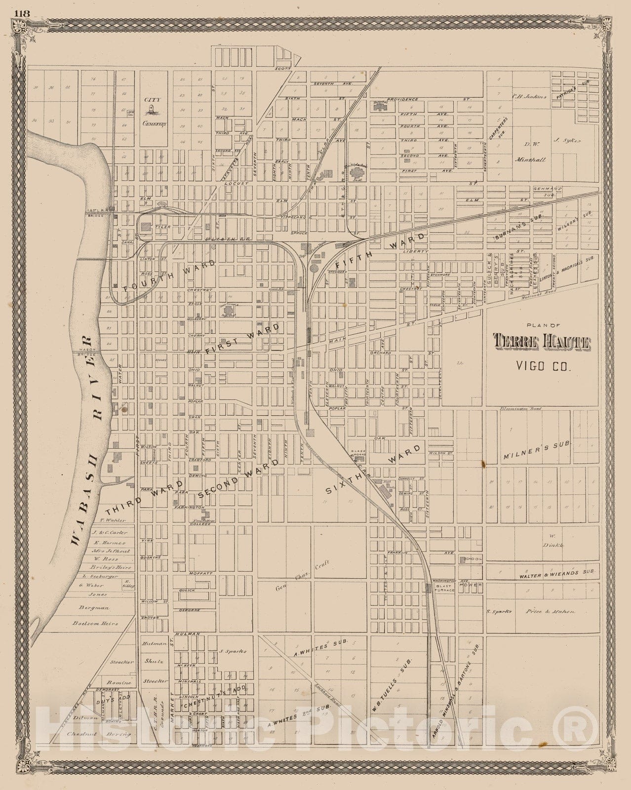 Historic Map : Terre Haute (Ind.), Indiana, 1876 Plan of Terre Haute, Vigo Co. , Vintage Wall Art