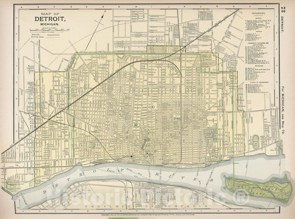 Historic Map - World Atlas - 1891 Map of Detroit, Michigan. 73 - Vintage Wall Art