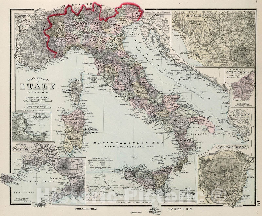 Historic Map : National Atlas - 1878 Italy. - Vintage Wall Art