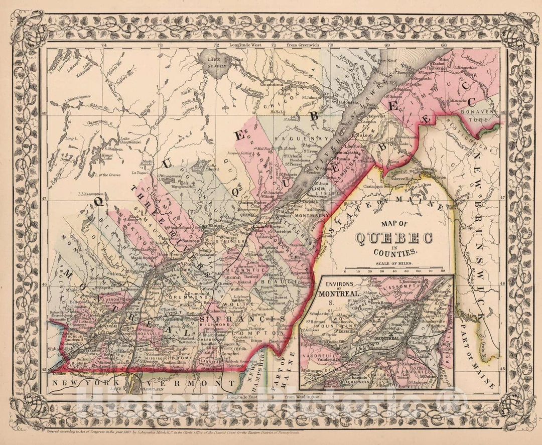 Historic Map : 1868 Map of Quebec in Counties - Vintage Wall Art