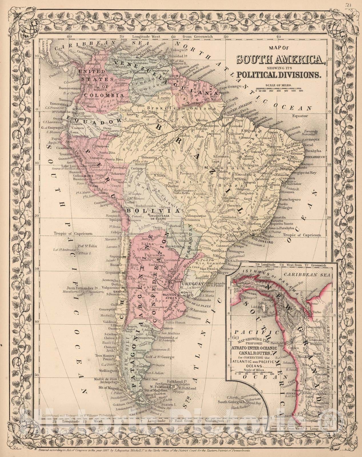 Historic Map : 1868 Map of South America - Vintage Wall Art