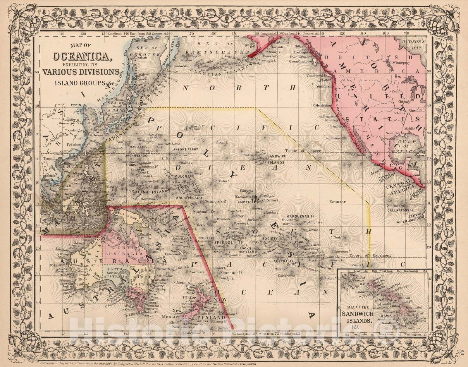 Historic Map : 1868 Map of Oceanica, exhibiting its various divisions, island groups - Vintage Wall Art