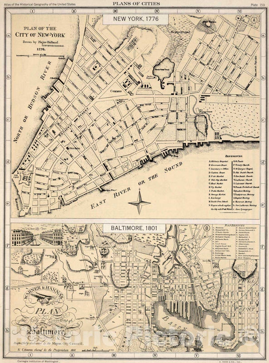 Historic Map : 1932 Plate 159. City of New York, 1776. Baltimore, 1801 (Facsimiles). - Vintage Wall Art