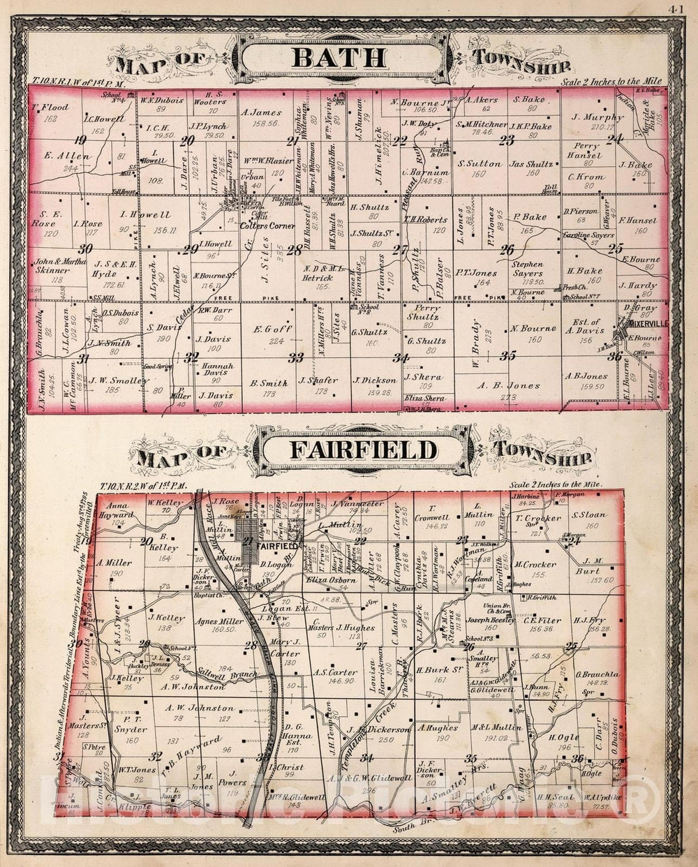 Historic Map - 1882 Bath Township and Fairfield Township, Franklin County, Indiana. - Vintage Wall Art