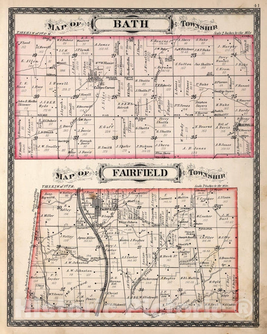 Historic Map - 1882 Bath Township and Fairfield Township, Franklin County, Indiana. - Vintage Wall Art