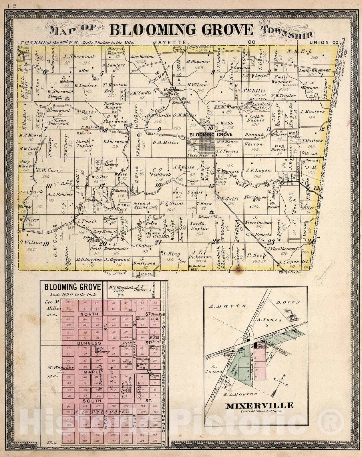 Historic Map : 1882 Blooming Grove Township, Franklin County, Indiana. Blooming Grove. Mixerville (Mixersville). - Vintage Wall Art