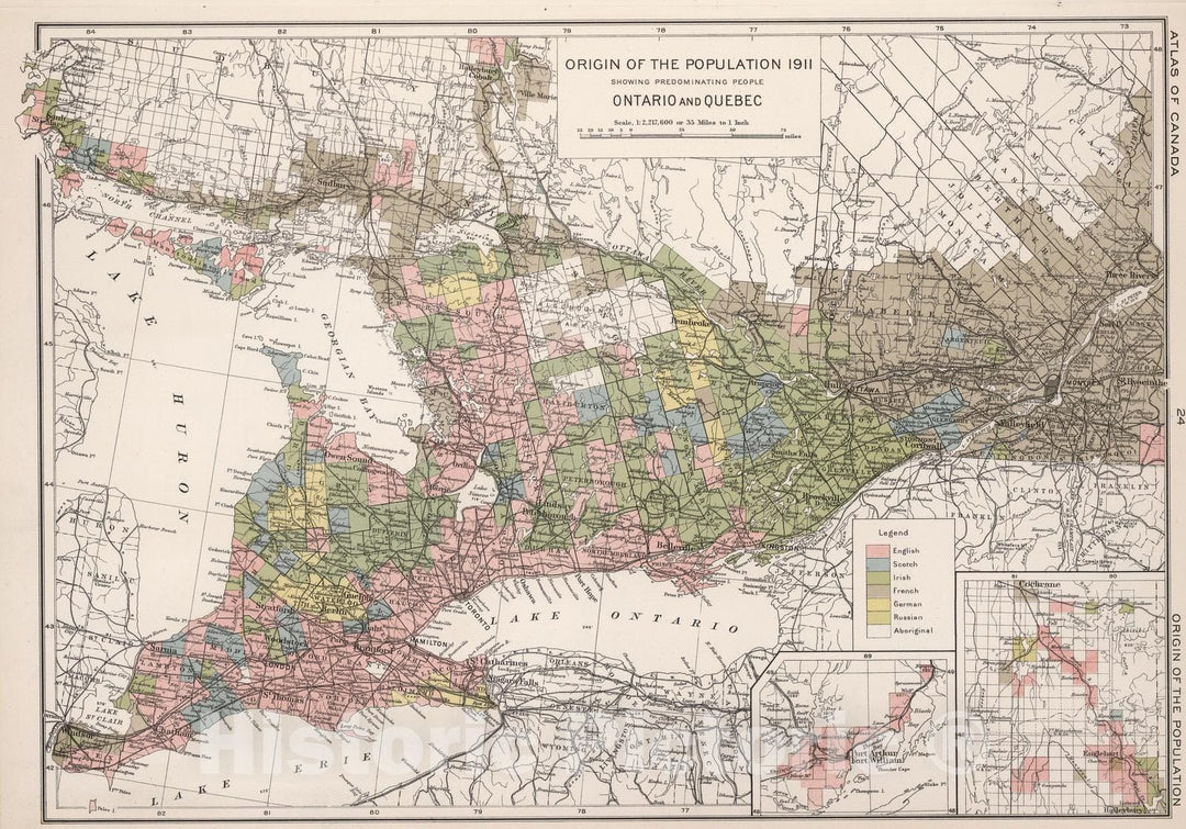 Historic Map : National Atlas - 1915 Origin of the population 1911. Ontario and Quebec - Vintage Wall Art