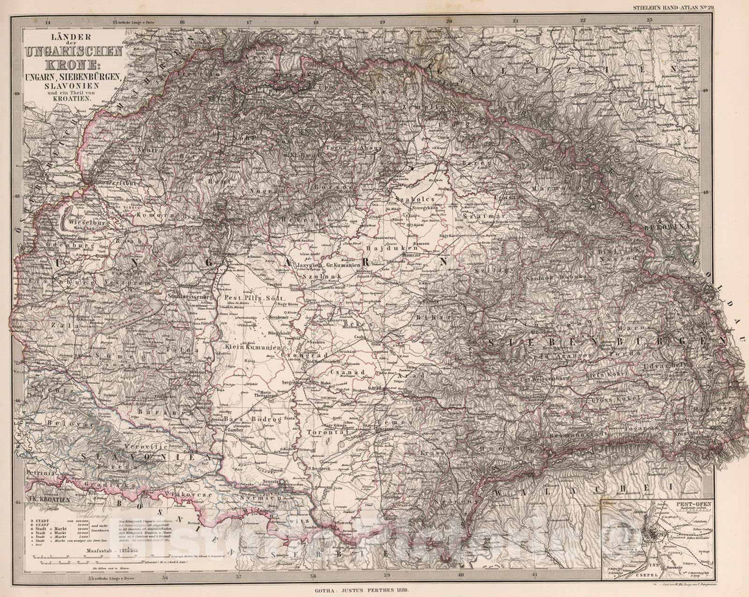 Historic Map : 1880 Laender der Ungarischen Krone: Ungarn, Siebenburgen, Slavonien, Kroatien. (Hungary, Slovenia, Croatia, Transylvania). , Vintage Wall Art