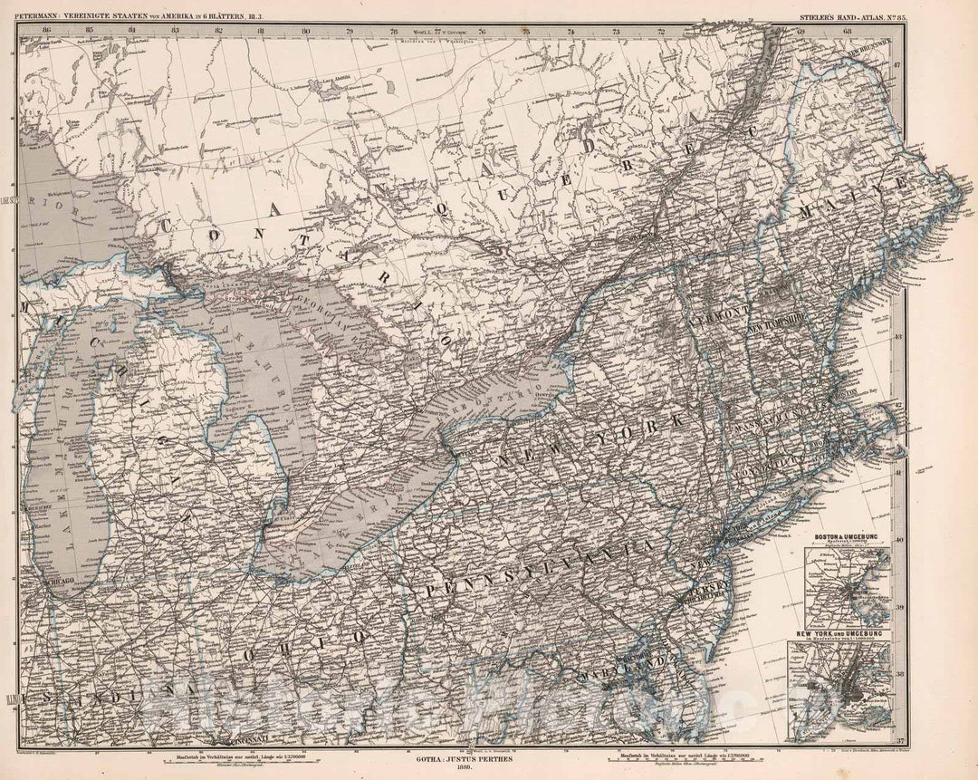 Historic Map : United States, Northeastern States 1880 Vereinigte Staaten von Amerika in 6 Blattern, Blatt 3. (United Sates, Sheet 3). , Vintage Wall Art