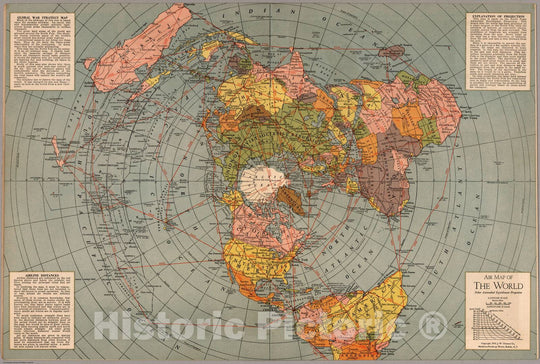 Historic Map - World Atlas - 1943 Map of the World, Polar Azimuthal Equidistant Projection - Vintage Wall Art