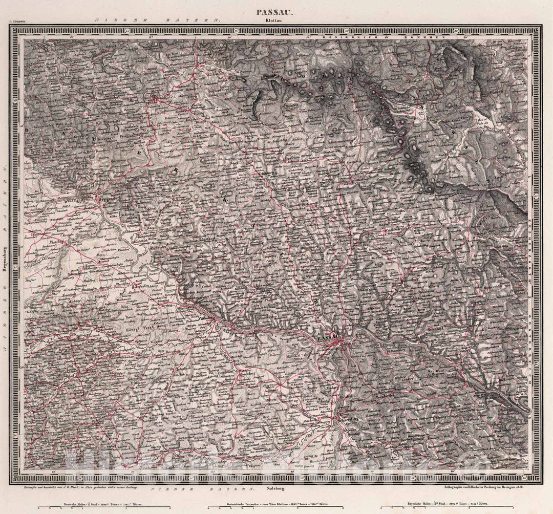 Historic Map : Germany, , Europe 1838 Passau , Vintage Wall Art