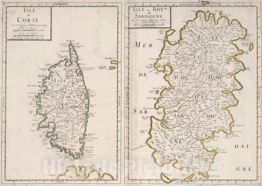 Historic Map : 1697 Corsica, France and Sardinia, Italy. - Vintage Wall Art