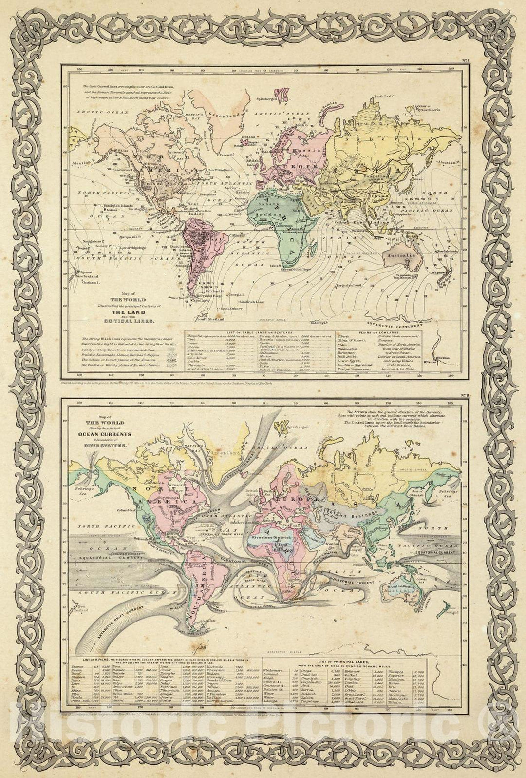 Historic Map : 1856 Map of The World Illustrating.Land.Co-Tidal Lines.Ocean Currents.River Systems. - Vintage Wall Art