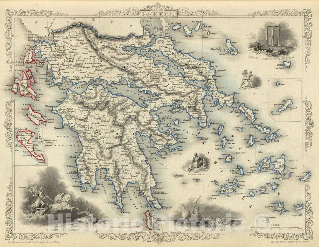 Historic Map : 1851 Greece. (with) inset maps of Corfu and Stampalia. - Vintage Wall Art