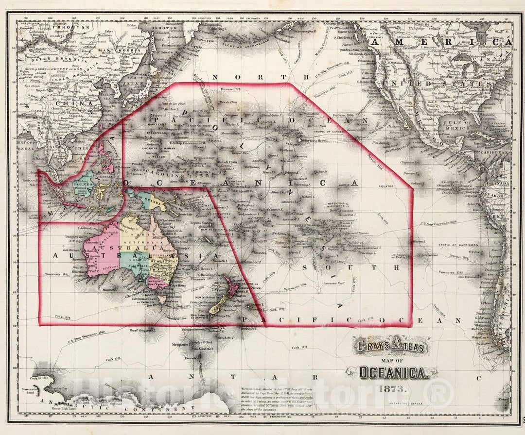 Historic Map : Oceania, Pacific 1873 Oceanica. v2 , Vintage Wall Art