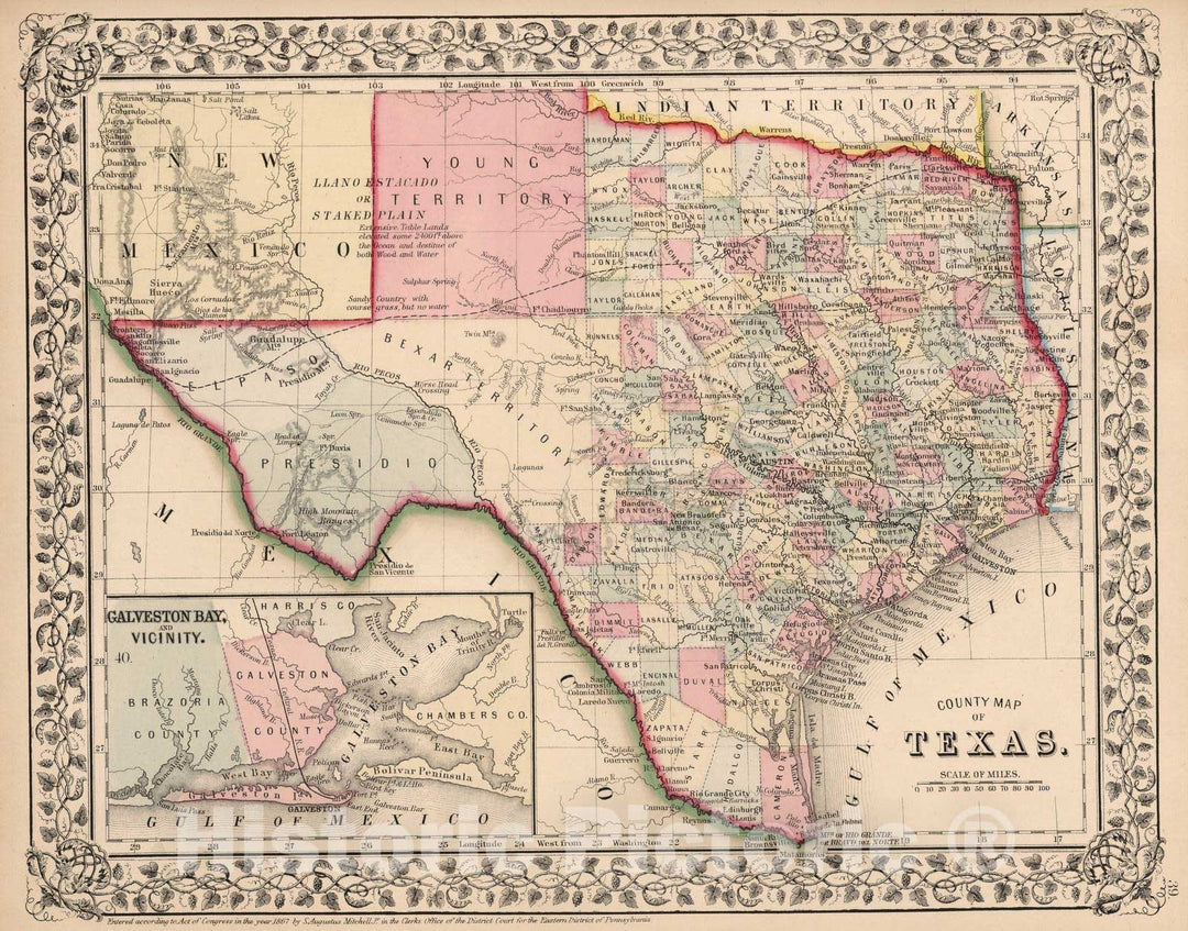 Historic Map : 1868 County map of Texas - Vintage Wall Art