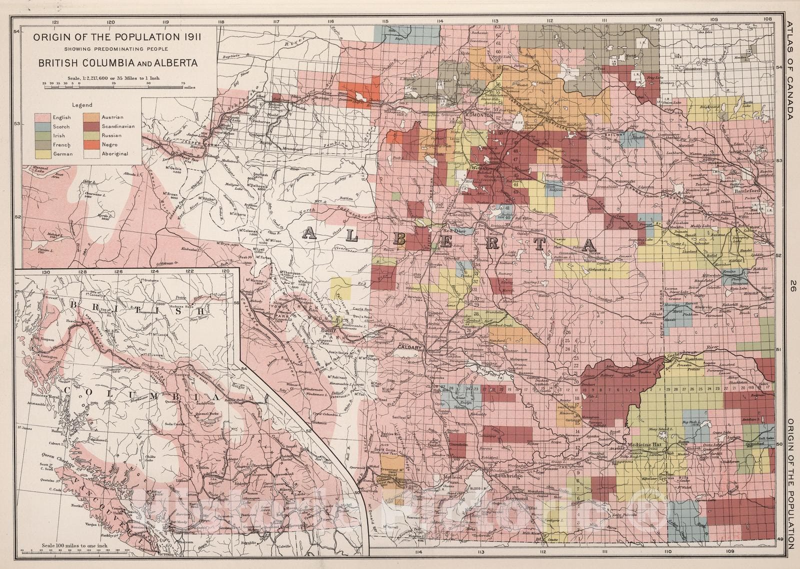 Historic Map : National Atlas - 1915 Origin of the population 1911: British Columbia and Alberta - Vintage Wall Art