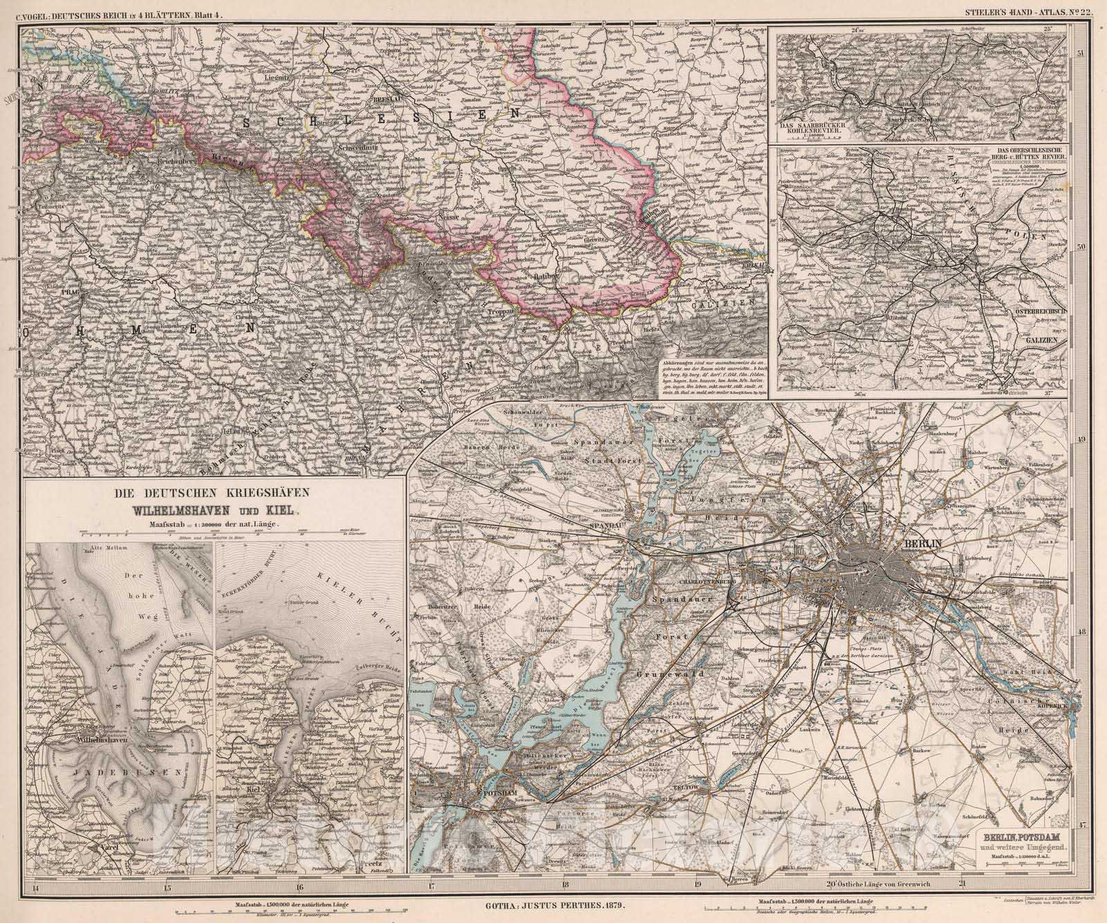 Historic Map : Poland , Berlin Germany, 1879 Deutsche Reich in 4 Blattern. Blatt 4. (German Empire). , Vintage Wall Art