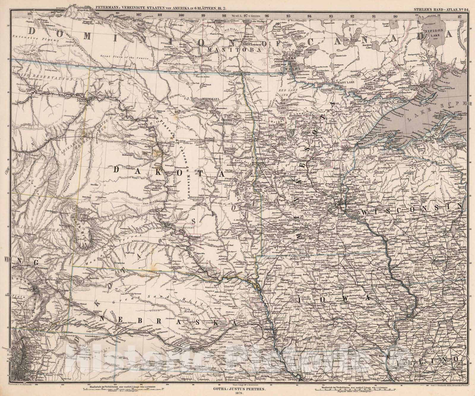 Historic Map : United States, North Central States 1879 Vereinigte Staaten von Amerika in 6 Blattern, Blatt 2. (United Sates, Sheet 2). , Vintage Wall Art