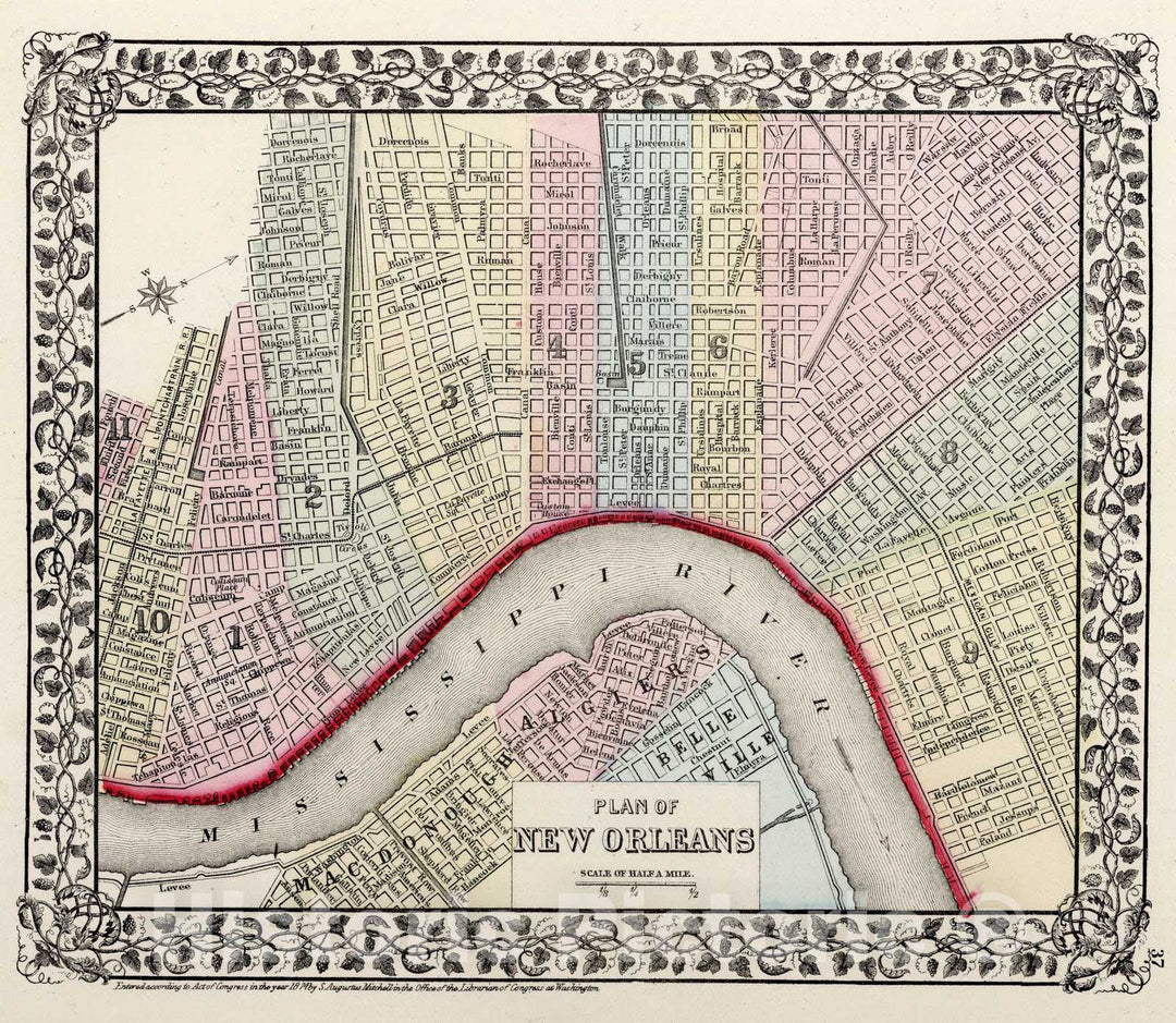 Historic Map : 1874 Plan of New Orleans - Vintage Wall Art