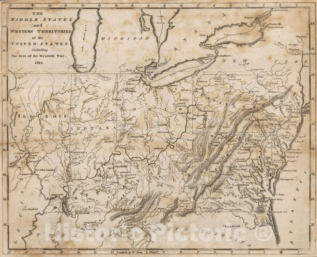 Historic Map : 1816 Middle States and Western Territories of the United States, Including The Seat of the Western War. 1812 - Vintage Wall Art