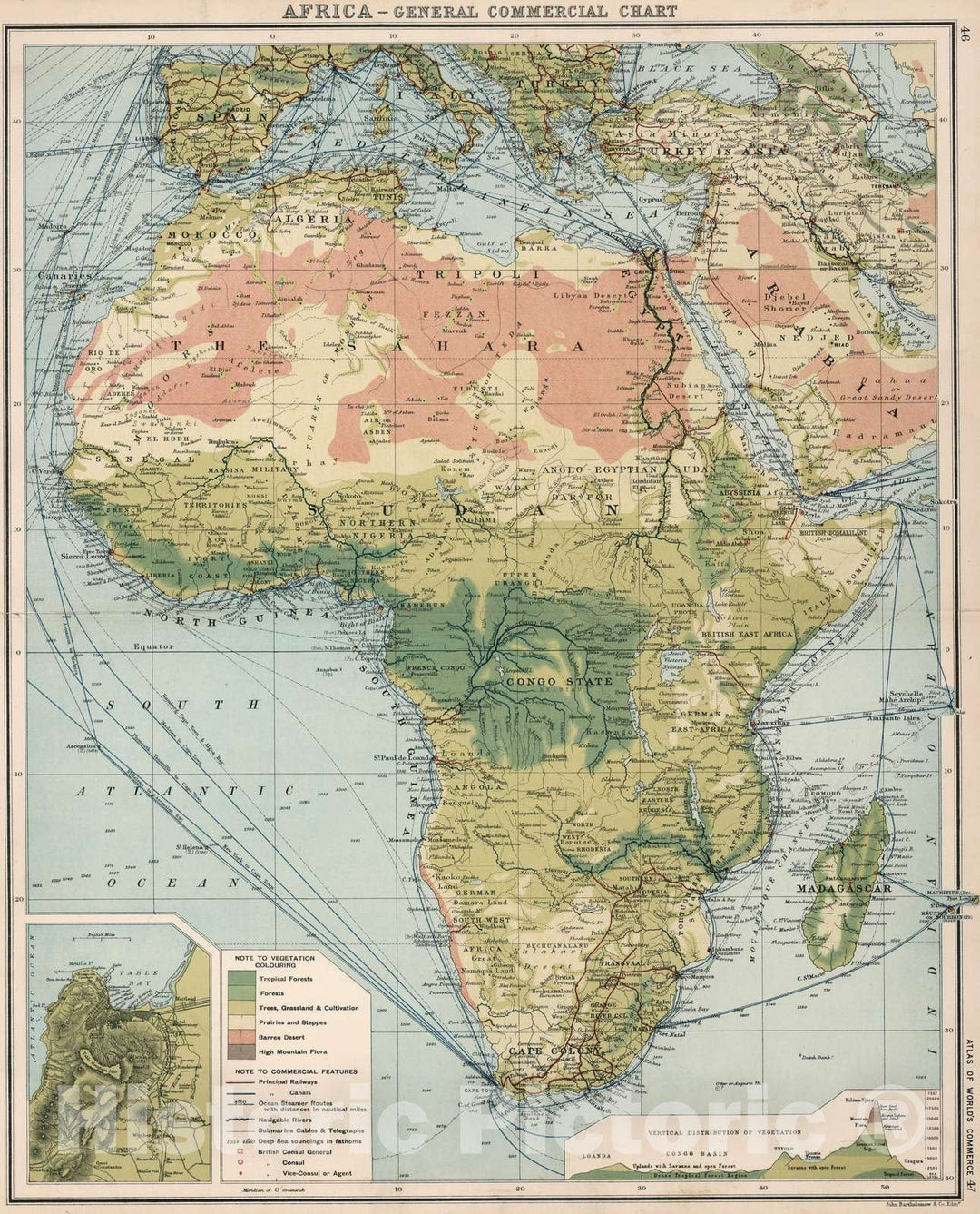 Historic Map : Statistical Atlas - 1907 Africa - Central Commercial Chart. (Base Map includes Vegetation). - Vintage Wall Art