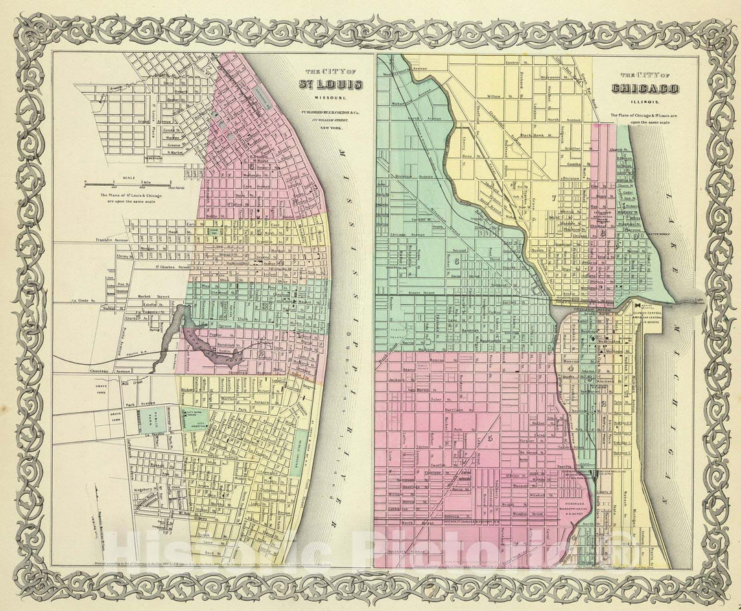 Historic Map : 1856 The City Of St. Louis Missouri. (with) The City Of Chicago Illinois. - Vintage Wall Art