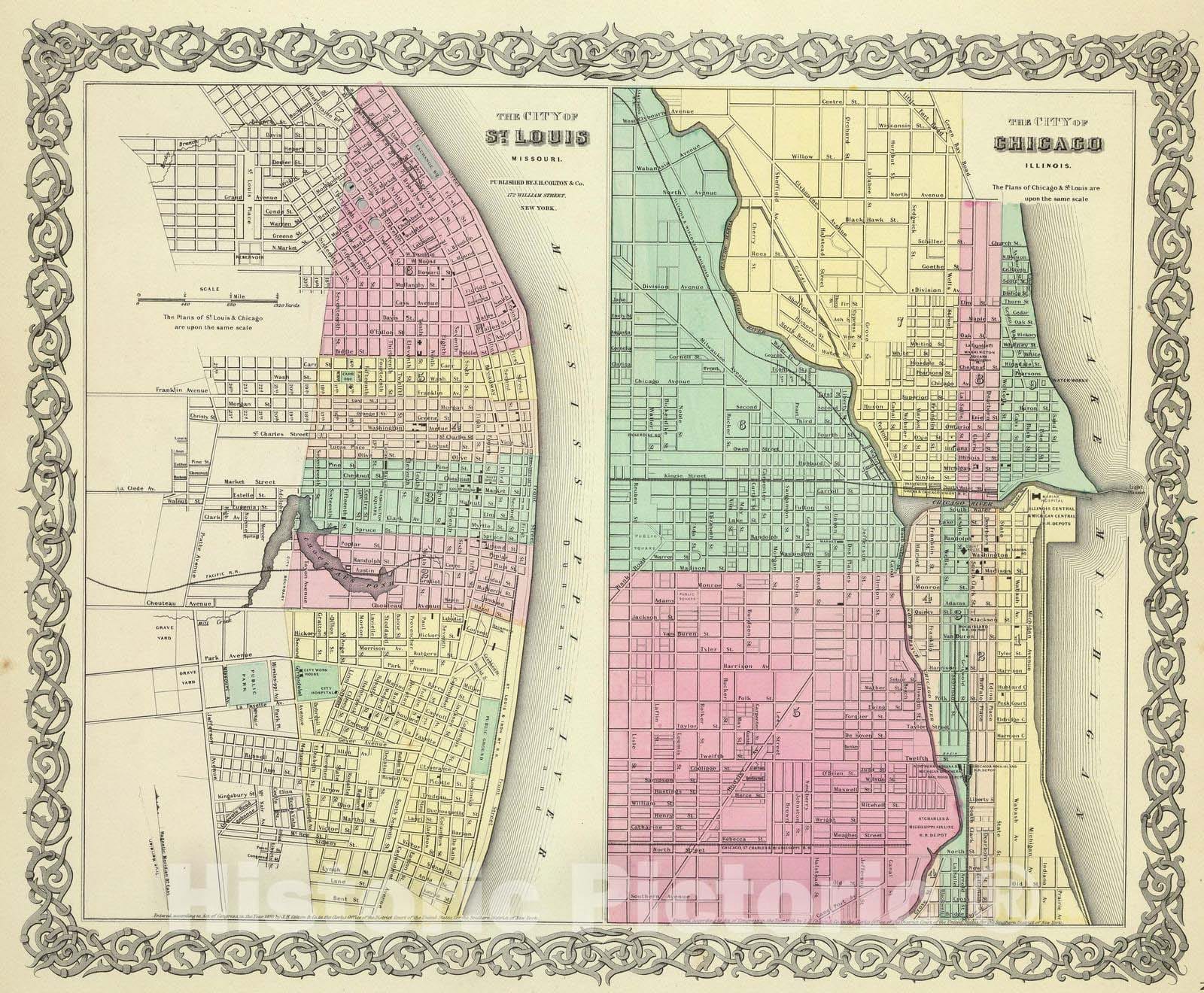 Historic Map : 1856 The City Of St. Louis Missouri. (with) The City Of Chicago Illinois. - Vintage Wall Art