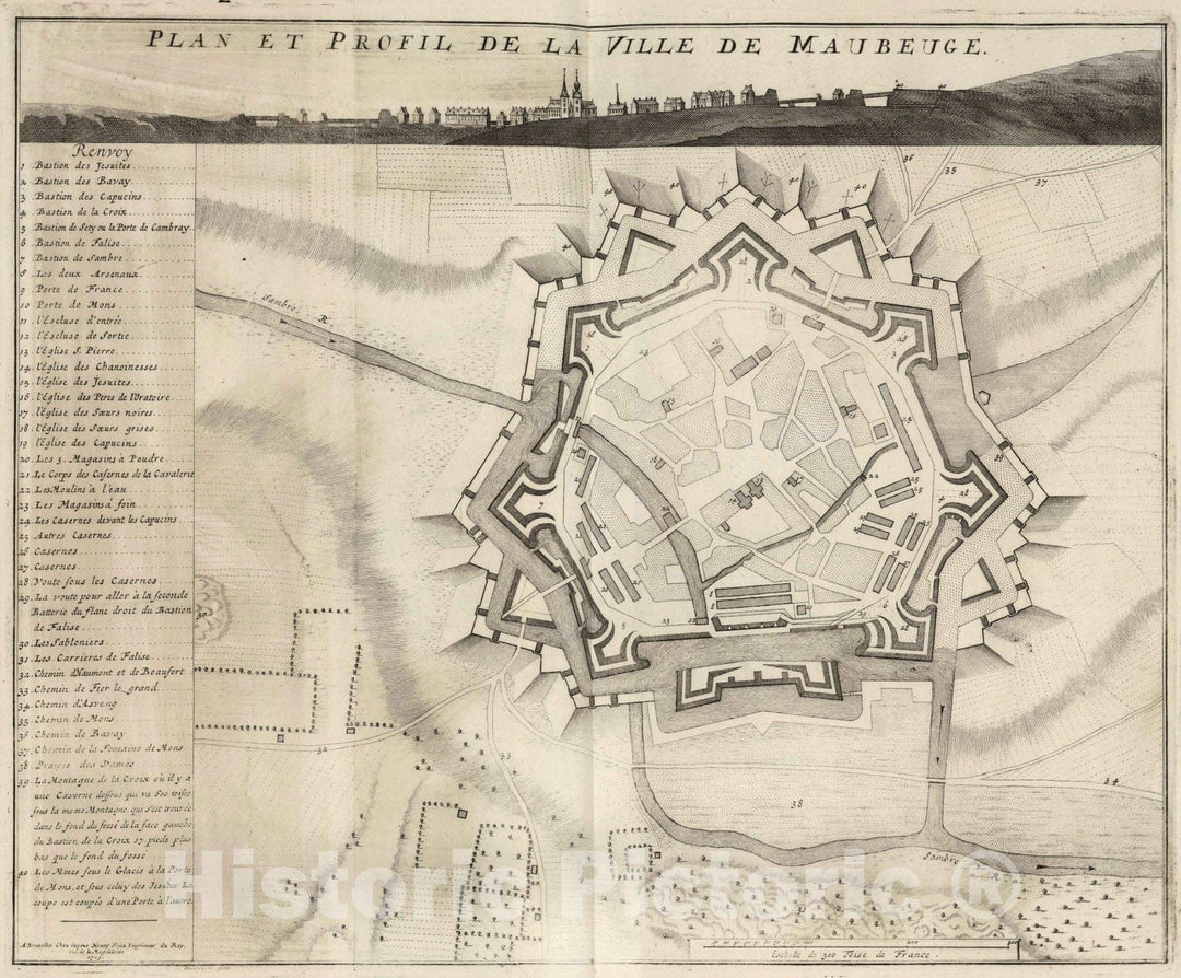 Historic Map : Maubeuge , France, 1709 65. Plan et Profil de la Ville de Maubeuge, France. 1709. , Vintage Wall Art