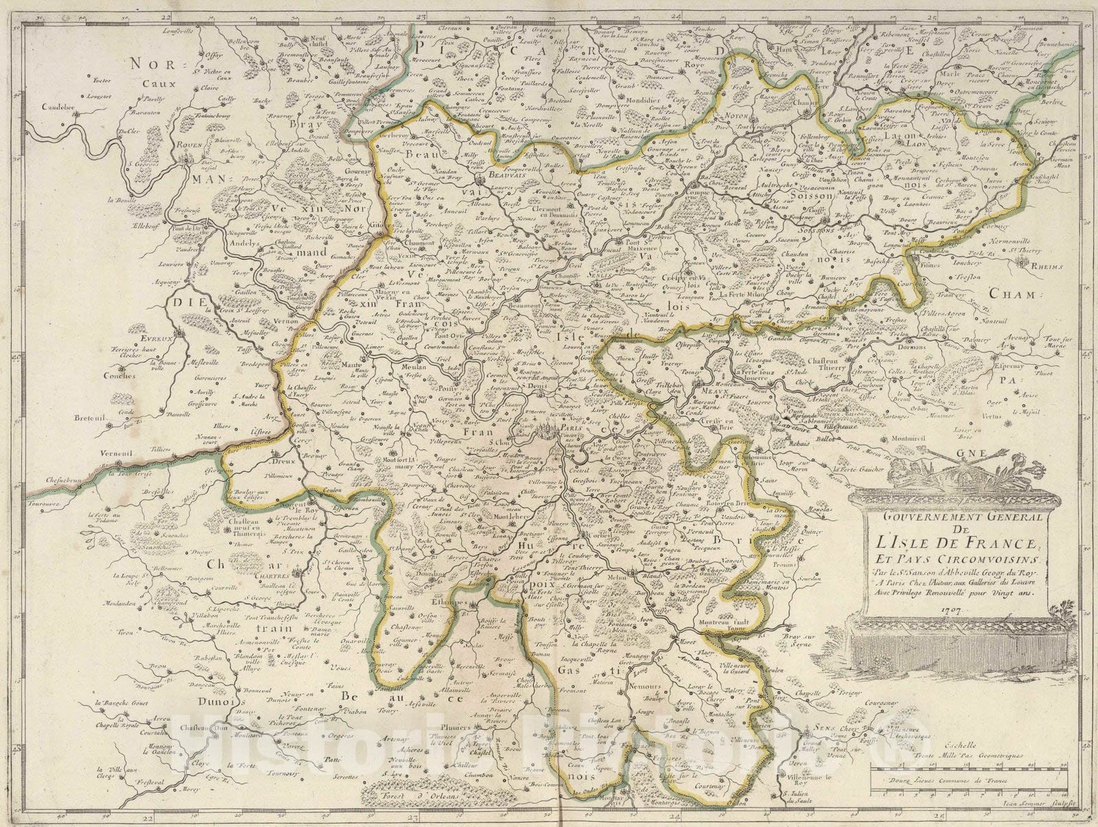 Historic Wall Map : France, 1707 Paris Region, France. , Vintage Wall Art