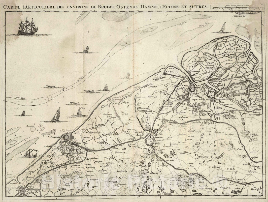 Historic Map : Netherlands, 1707 3. Carte particuliere des environs de Bruges, Ostende, Damme, l'Ecluse, et Autres. 1707. , Vintage Wall Art