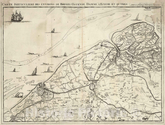 Historic Map : Netherlands, 1707 3. Carte particuliere des environs de Bruges, Ostende, Damme, l'Ecluse, et Autres. 1707. , Vintage Wall Art