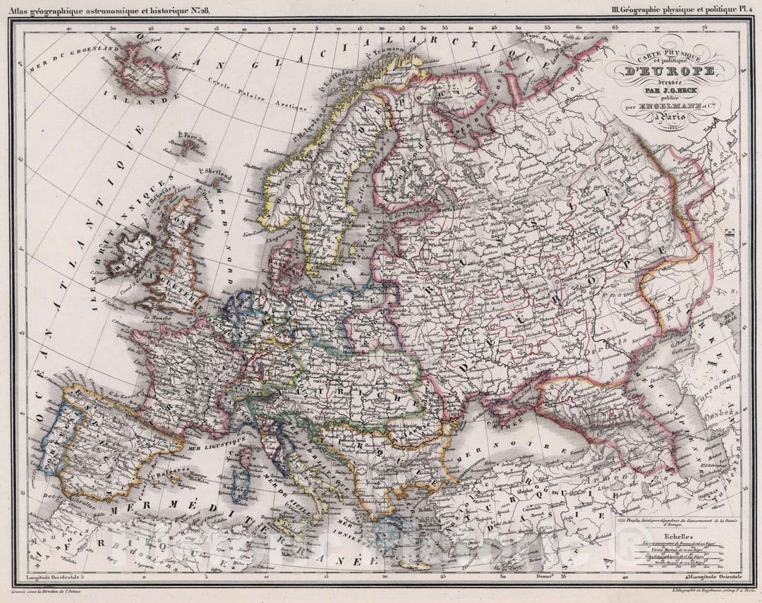 Historic Map : 1832 28. Carte Physique et politique d'Europe. - Vintage Wall Art