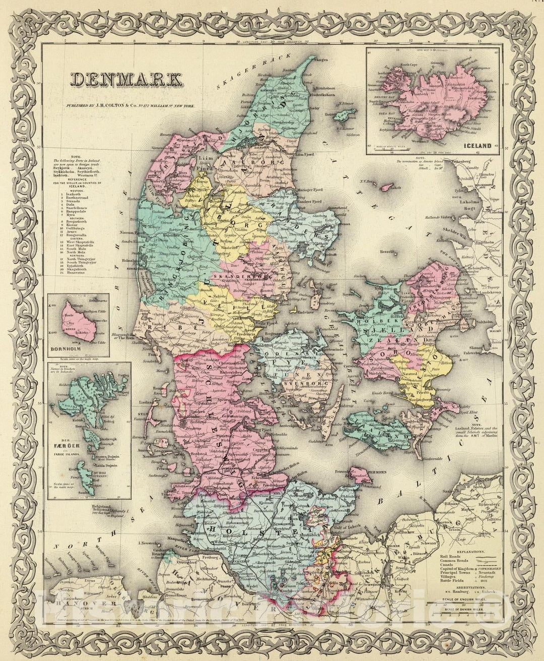 Historic Map : 1856 Denmark. - Vintage Wall Art