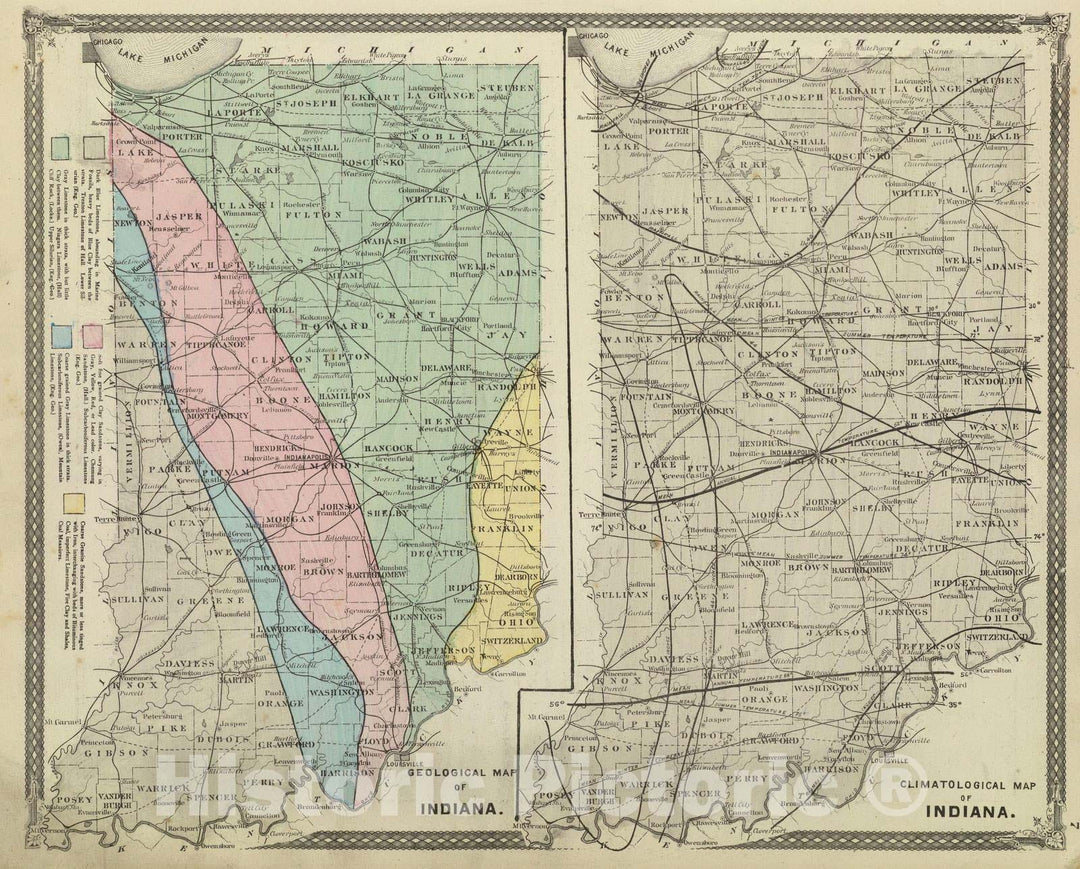 Historic Map : 1876 Geological map of Indiana. Climatological map of Indiana. - Vintage Wall Art