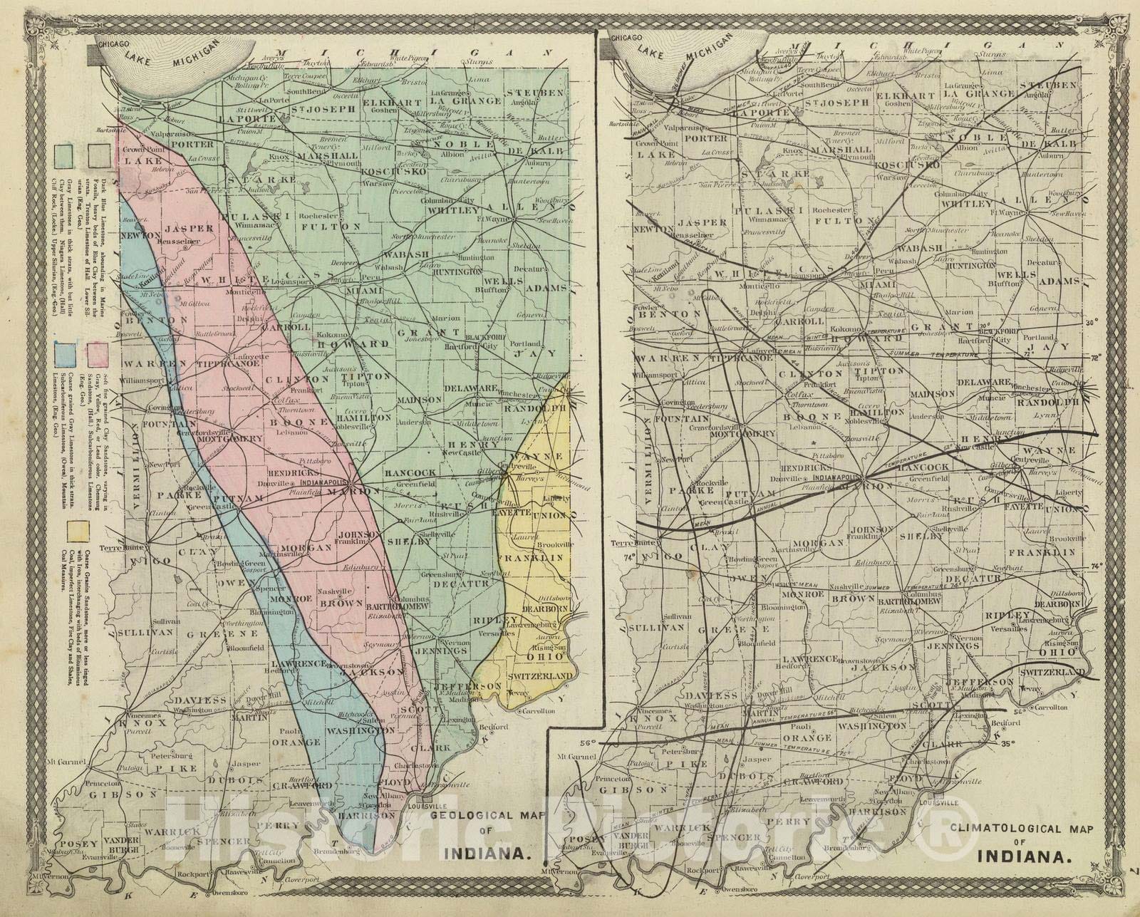 Historic Map : 1876 Geological map of Indiana. Climatological map of Indiana. - Vintage Wall Art