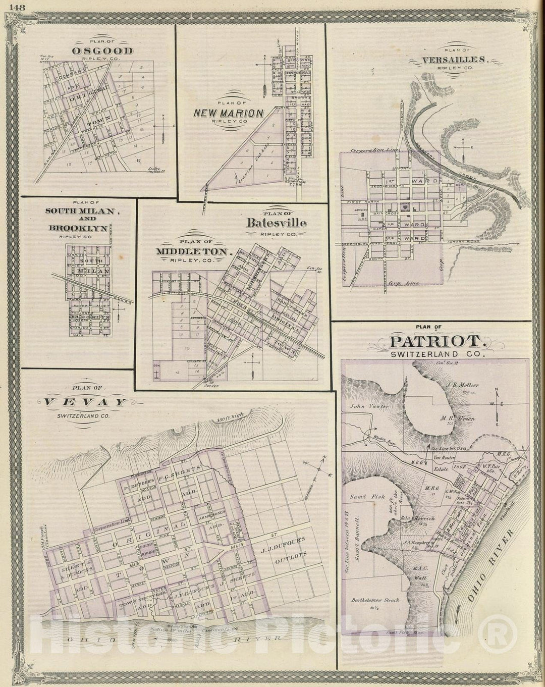 Historic Map : 1876 Plan of Vevay, Switzerland Co. (with) Patriot, Versailles, Osgood, New Marion, South Milan, Brooklyn, Middleton, Batesville. - Vintage Wall Art